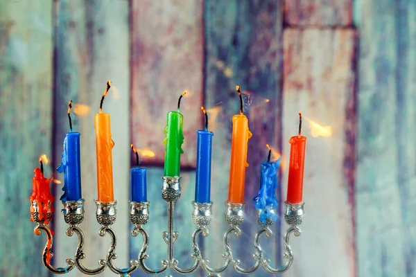 Yahudi sembolü Hanukkah menorah geleneksel ile — Stok fotoğraf