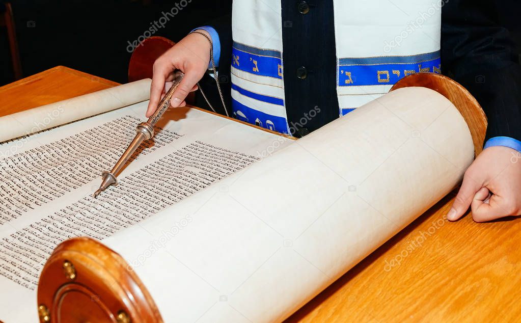 Jewish man dressed in ritual clothing Torah at Bar Mitzvah 5 SEPTEMBER 2015 USA