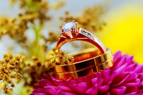 Anillos de boda rosa dalias arreglo floral para un con — Foto de Stock