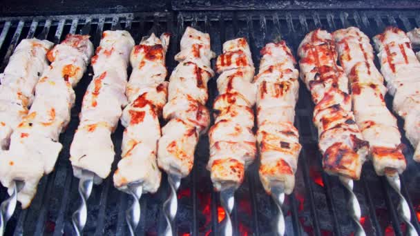 Kebab shish grillé sur brochette en métal. Chef cuisinier barbecue de viande rôtie avec beaucoup de fumée . — Video