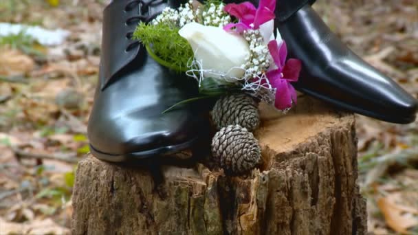 Details van de bruiloft. Accessoires bruidegom. schoenen — Stockvideo