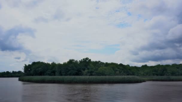 Bewegende Wolken Boven Een Dennenbos Vreedzame Lake Mooie Bos Lake — Stockvideo