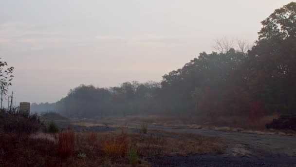 Утренний туман на железнодорожной станции в сельской местности — стоковое видео