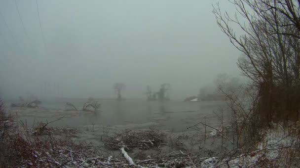 Tunga snöfall Lake-effekt snö, reflektion av träd i vinter river — Stockvideo