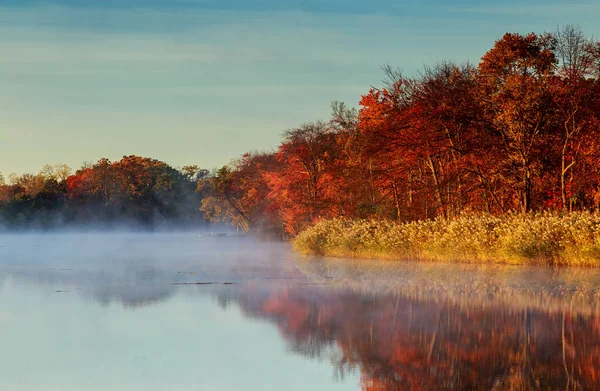 秋霧の朝。霧の静かな川の夜明け — ストック写真