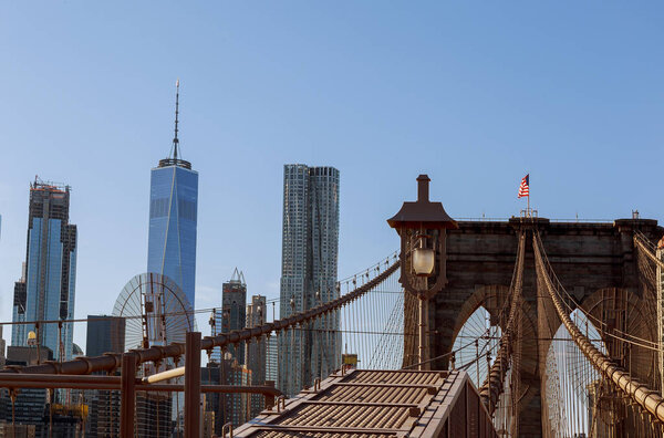 The Brooklyn bridge in New York City. in the United States. sky, skyscraper, states, stone,