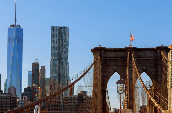 The Brooklyn bridge in New York City. in the United States. sky, skyscraper, states, stone,
