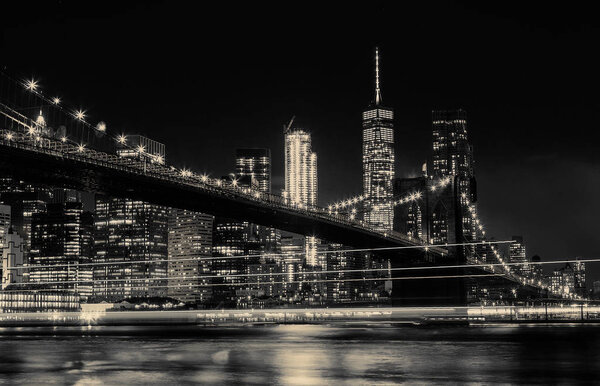 BW photo Brooklyn Bridge and Manhattan Skyline At Night, New York City