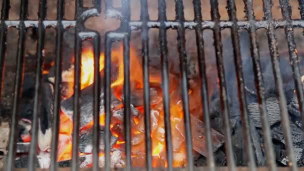 Parrilla de barbacoa de carbón caliente vacía con llama brillante — Vídeos de Stock