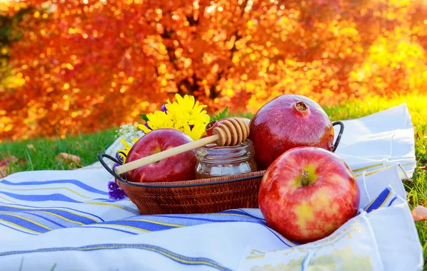Apple and honey, traditional food of Jewish New Year - Rosh Hashana . — стоковое фото