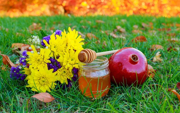 Honing, appel en granaatappel houten tafel over bokeh achtergrond — Stockfoto