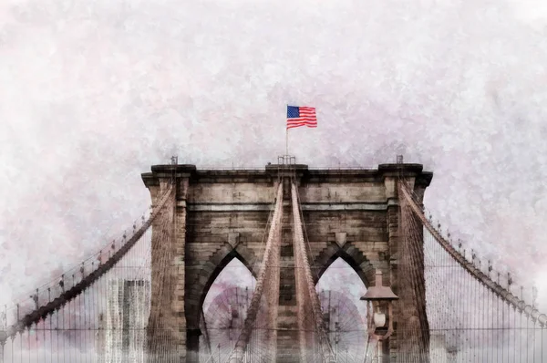 Brooklyn Bridge New York Drapeau Américain Étoile Rayures Flottantes Traitement — Photo