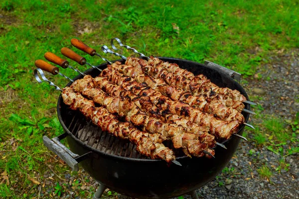 Griller shashlik sur barbecue grill. Concentration sélective — Photo