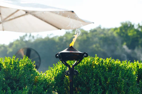 Torcia accesa con fiamma arancione in giardino utilizzata come repellente per zanzare — Foto Stock