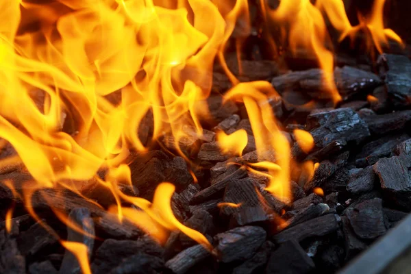 Primer plano de fuego y llamas sobre un fondo negro — Foto de Stock
