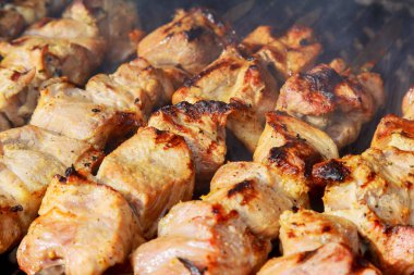 üzerinde metal şiş ızgara ham kebap. Çiğ et mangal kavurma.