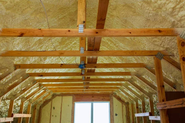 Thermal and hidro insulation with spray foam at house construction site, — Stock Image Thermal Hidro Insulation Spray Foam House Construction Site Stock Picture