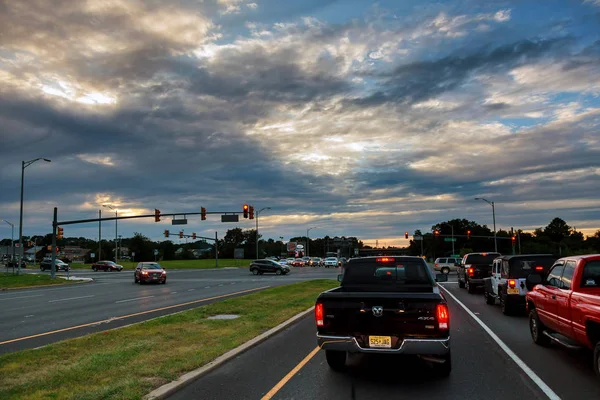 Coucher Soleil Sur Les Feux Route Voiture — Photo