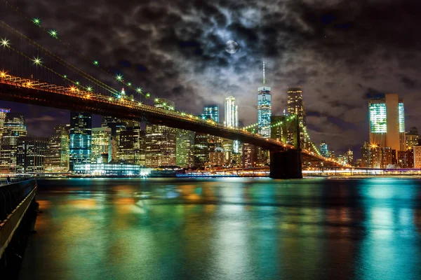 Brooklyn Bridge Manhattan Skyline Por Noche Nueva York — Foto de Stock