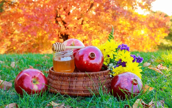 Концепция Рош ха-Шана - яблочный мед и гранат над деревянным столом — стоковое фото