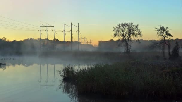 Zonsopgang op het meer. Dikke mist, silhouetten van bomen in de stralen van de rijzende zon — Stockvideo