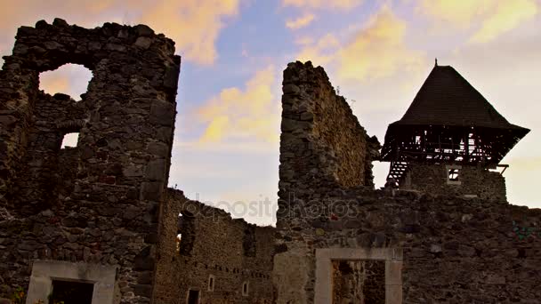 Tour du château sur Nevytsky au coucher du soleil rose rouge, Zakarpatya Ukraine Europe . — Video