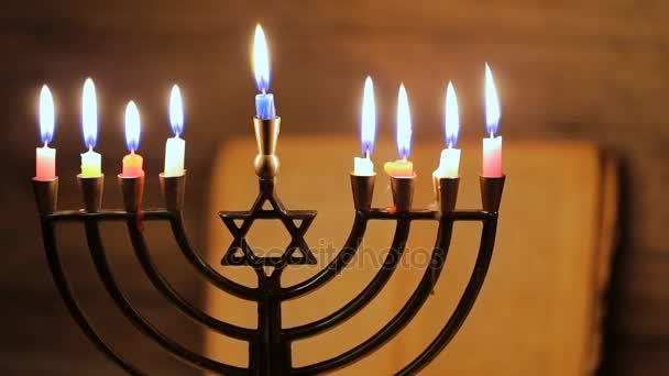 Hanukkah Ljusets Judisk Festival Oskarp Bokeh Bokeh Ljus — Stockvideo