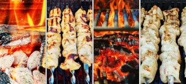 Mangal kebap sıcak ızgara yakın çekim üzerinde. Alevler ateş içinde fotoğraf kolaj