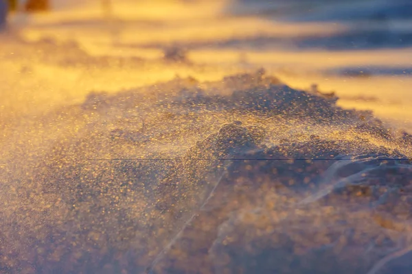 Sneeuw Achtergrond Close Oppervlakte Van Verse Winter Sneeuw Zonsondergang Licht — Stockfoto