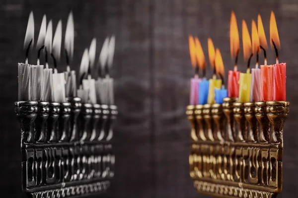 Menorah Juive Avec Des Bougies Allumées Pour Les Vacances Hanoukka — Photo