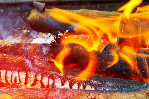 Flammentanz Vor Dunklem Hintergrund Holzgrill Offenen Holzgrill — Stockfoto