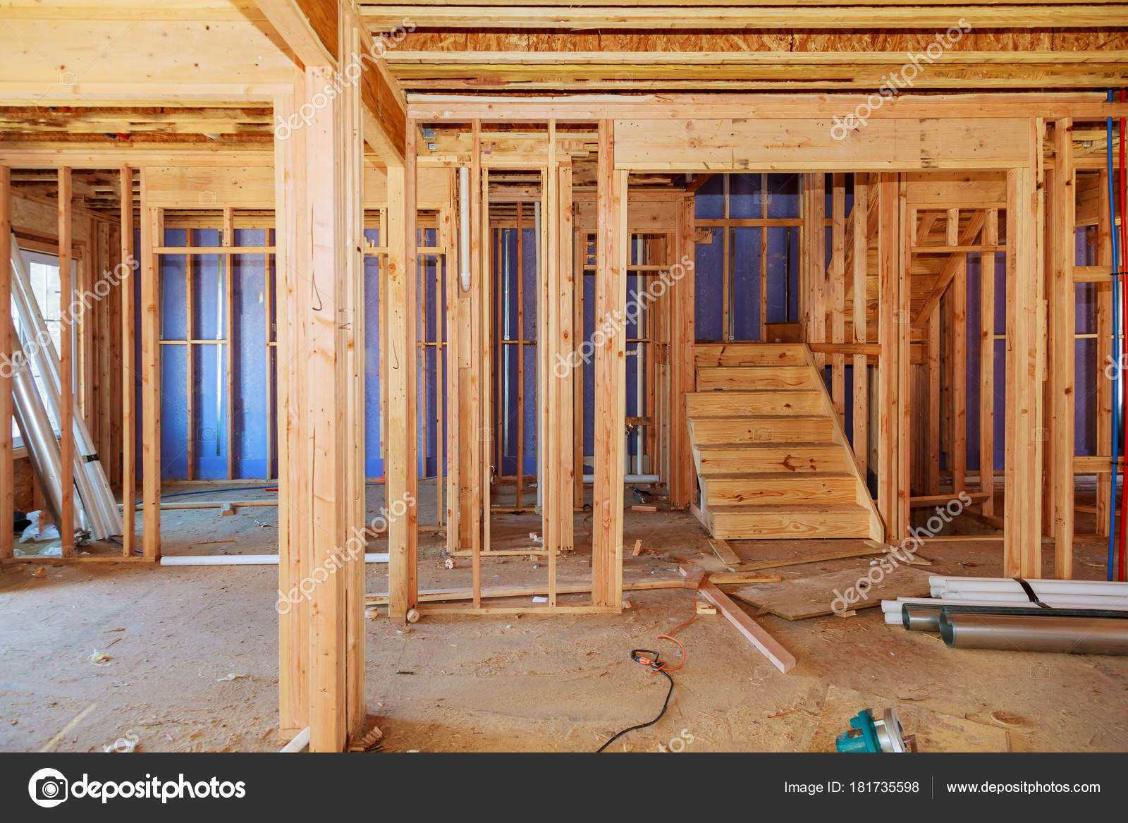 Wood Framing Work In Progress With Wood Framing Walls And Ceiling