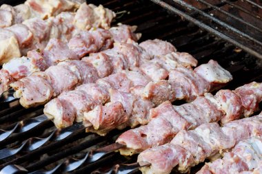 Haşhaş odun kömürü üzerinde hazırlanan geleneksel Barbekü kebap. et ateş şiş kebap
