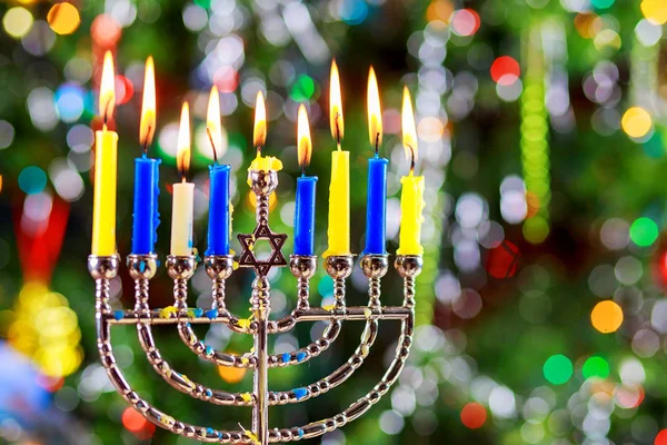 Judío Vacaciones Símbolo Judío Fondo Hanukkah Con Tradición Dreidel Madera — Foto de Stock