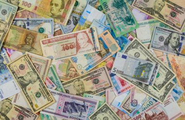 Farklı ülkelerden banknotlar, çeşitli para birimi arka plan yakın çekim