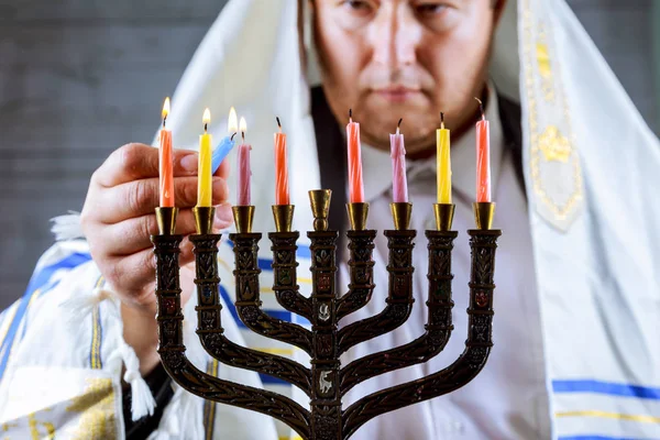 Ханука Еврейский Праздник Свечи Горят Меноре Ханука Зажигает Свечи — стоковое фото
