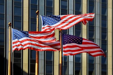 Amerikan bayrağı rüzgara karşı binanın arka plan içinde çırpınan. Vatanseverlik kavramı. ABD bayrağı
