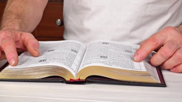 Homem lendo da Bíblia Sagrada, de perto — Vídeo de Stock