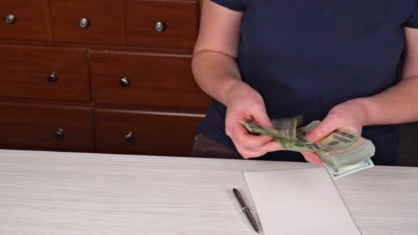 Woman counting money,man in business clothes with dollars, Cash in hands. Profits, savings. Stack of dollars. Success, motivation, financial flows, wealth. — Stock Video