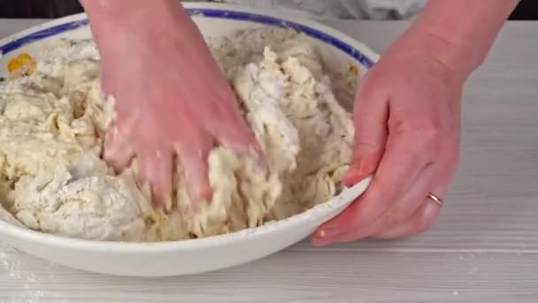 Vrouwelijk handen kneden van deeg voorbereiding deeg, handen mengen van ingrediënten. — Stockvideo