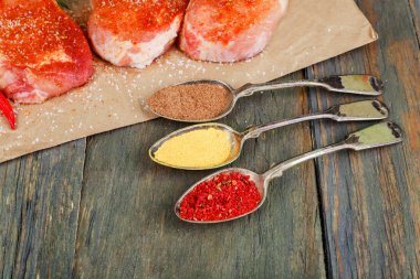 Deniz tuz ve biber bir beyaz kağıt arka plan üzerinde koyu taş ile terbiyeli bir ham sığır eti biftek Üstten Görünüm