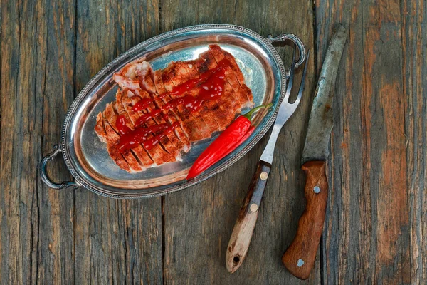 Gourmet Grill Restaurant Steak Menu - New York Beef Steak on Wooden Background.