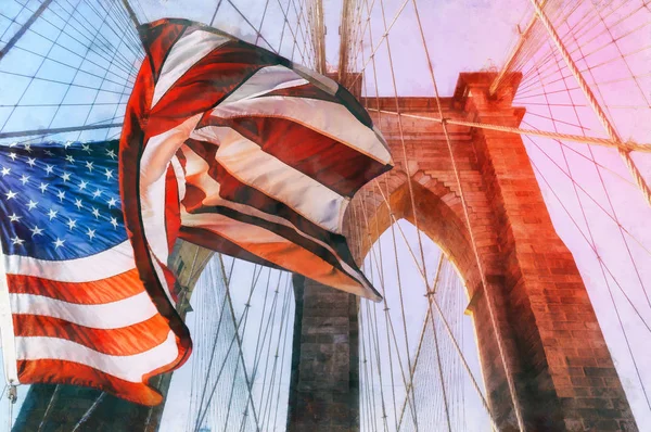 United States Flag at top of Brooklyn Bridge. There is a deep blue sky on background, on foreground there are all the wires of the bridge. Patriotism concept. — Stock Photo, Image