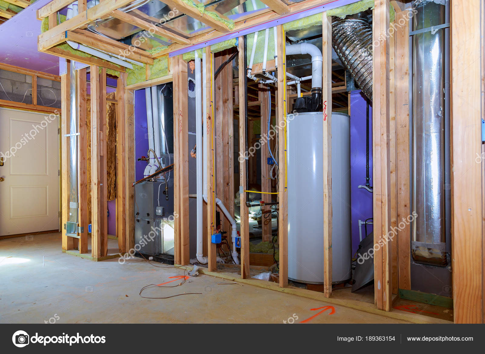 Interior Wall Framing With Piping And Wiring Installed