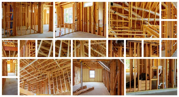 Interior framing of a new house under construction construction home framing photo collage