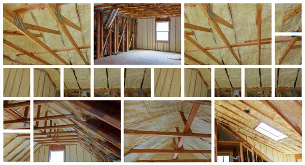 Insulation of attic with fiberglass cold barrier and insulation material thermal insulation attic photo collage