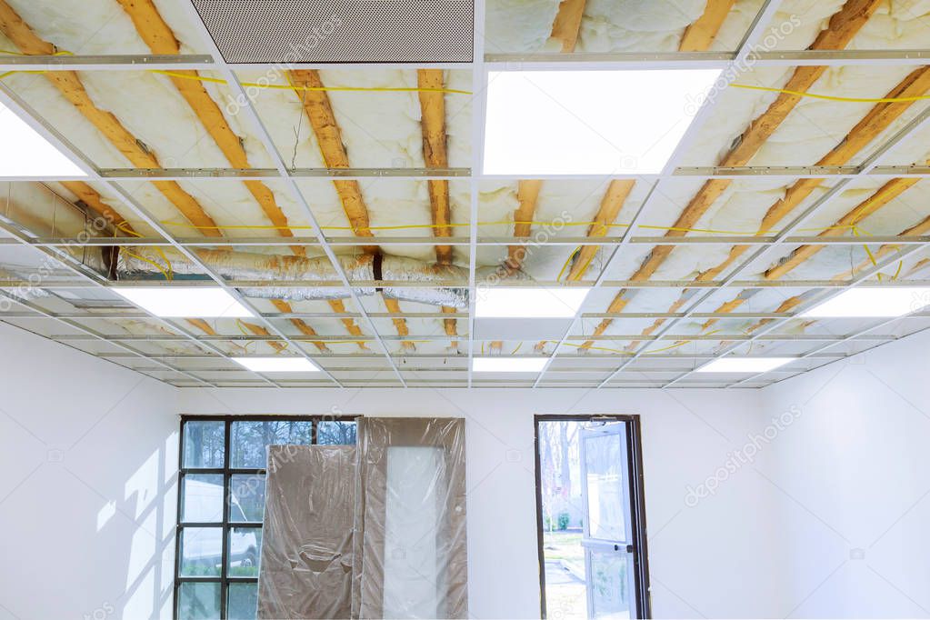 Suspended ceiling structure, before installation of plasterboard
