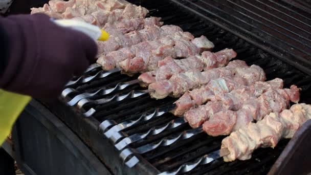 Carne cruda en los pinchos de la parrilla . — Vídeos de Stock