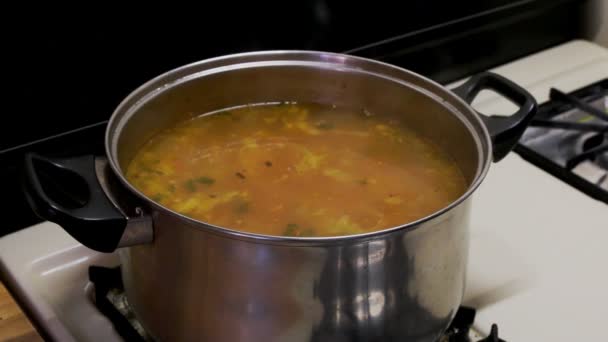 Borsch with garlic vegetable soup on the plate board on the left side — Stock Video