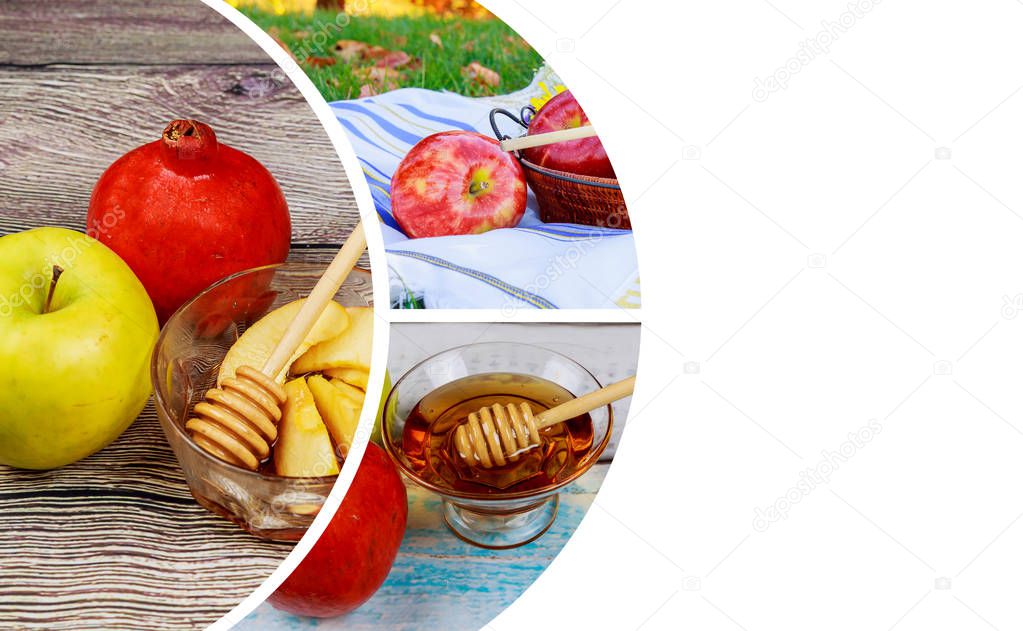 Honey and apples on wooden table for Rosh Hashanah traditional food of jewish New Year celebration Copyspace background Shofar and tallit